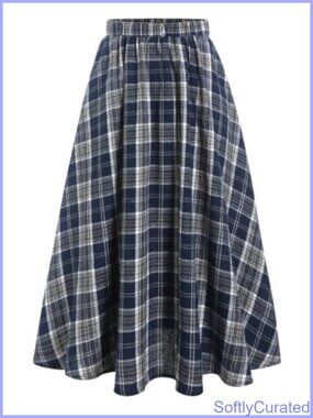 Plaid High Waisted A-Line Midi Skirt Elastic Waist Two Pockets